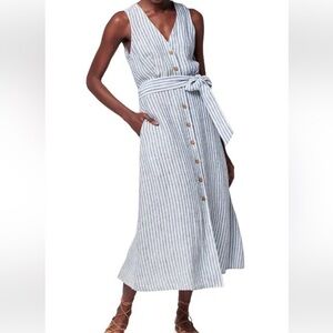 Faherty Margaux Dress in LowTide Stripe Blue White 100% linen sleeveless Vneck S